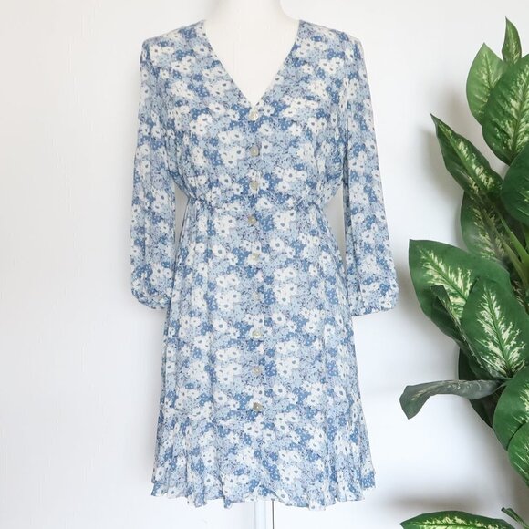 Rails Blue Floral Button Front V-neck Ruffle Hem Mini Dress Size XS - Picture 2 of 11